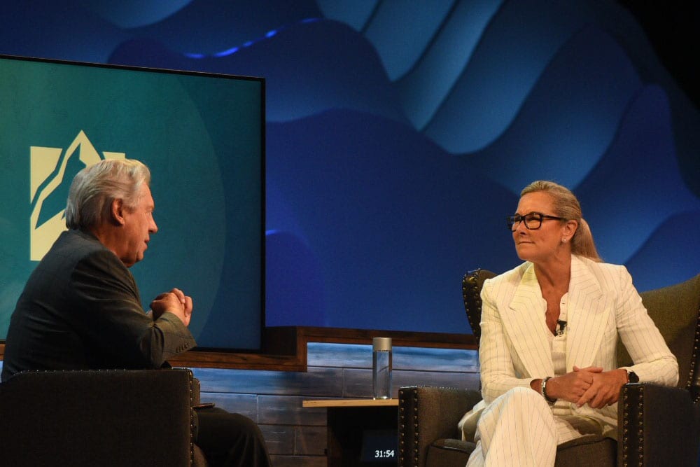 Angela Ahrendts being interviewed by John C. Maxwell at The Global Leadership Summit 2018.