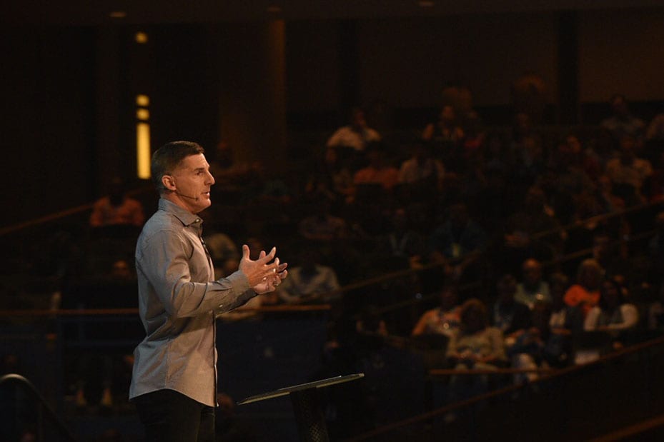 Craig Groeschel speaking from the stage at The Global Leadership Summit 2018.